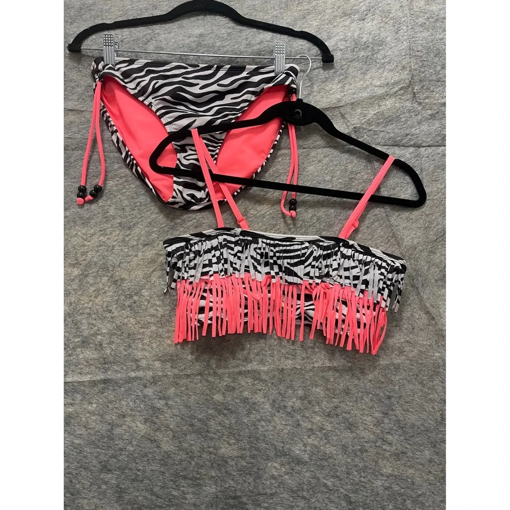 Justice Girls Zebra Print Fringe Bikini Set Neon Pink Black White Size 18